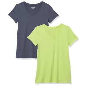 Set of 2 Activewear V-neck Stretch T-Shirts, Small, Lime Green & Gray